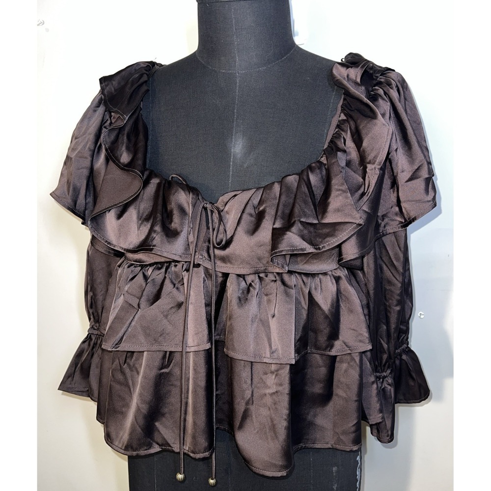 NWT Francesca's Ella Ruffle Tiered Satin Blouse Brown Small Boho Chic Peasant